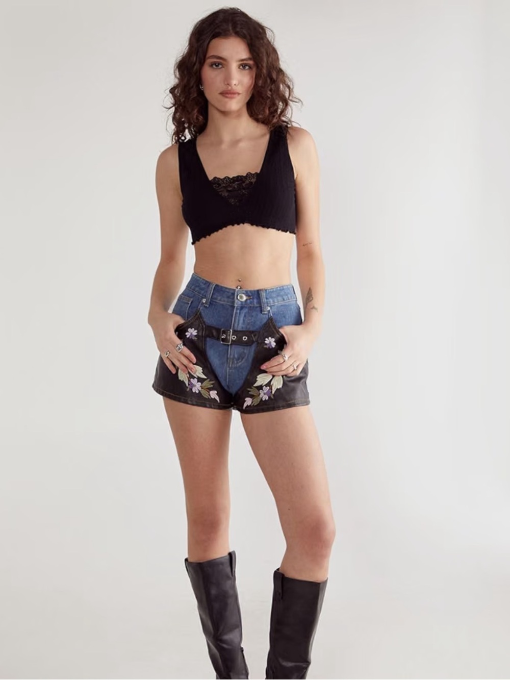 NastyGal Y2K Western Embroidered Denim Faux Leather Chaps Shorts - Size2, 4 or 6 - Picture 3 of 3